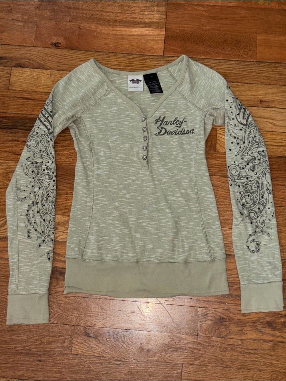 Harley-Davidson Women's Sage Green Long Sleeve Henley with Sleeve Art